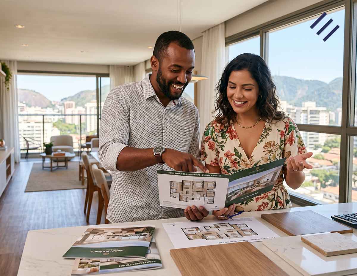 Casal analisando planta de apartamento
